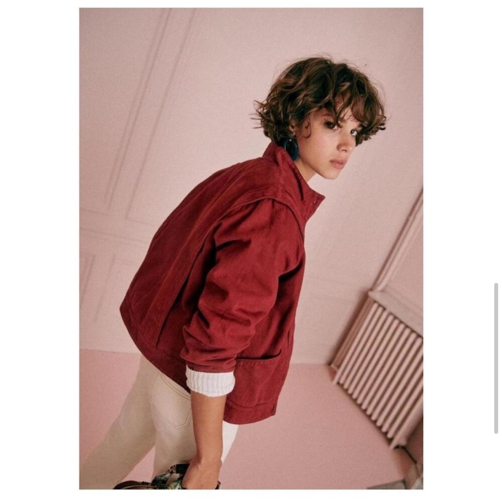 Sezane Aaron Red burgundy Denim Pleated Bomber Jacket 2021 Collection size m